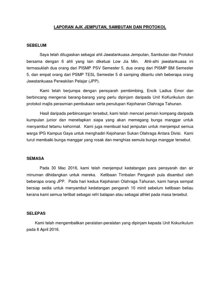 Laporan Ajk Jemputan Sambutan Dan Protokol Pdf