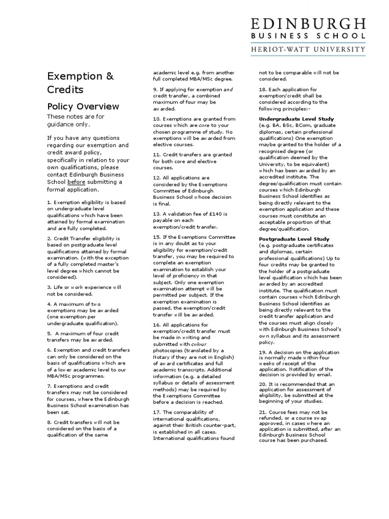 Exemption & Credits Policy Overview PDF Professional Certification