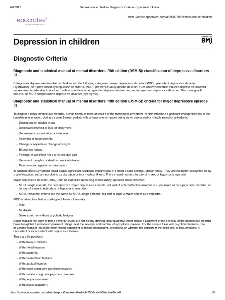 Depression in Children Diagnostic Criteria Epocrates Online Mood