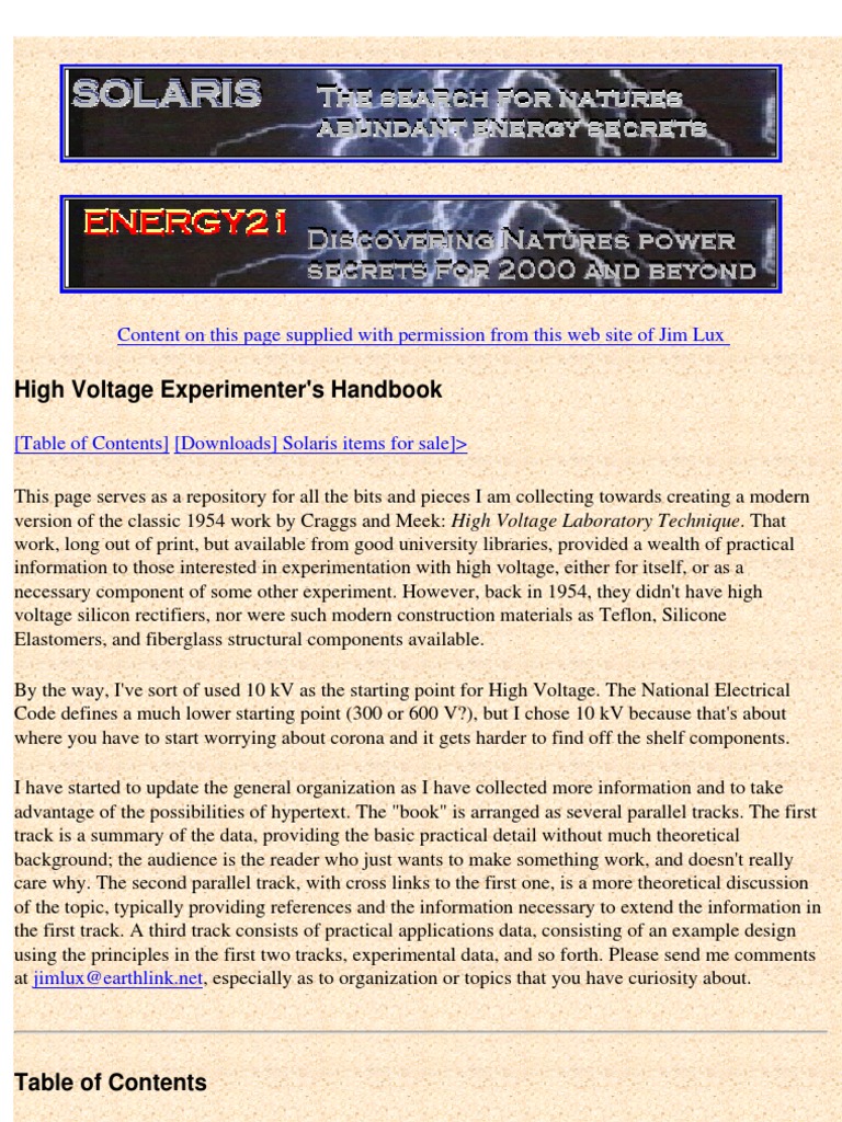 High Voltage Experimenters Handbook | PDF | Ac Power | Electrical Breakdown