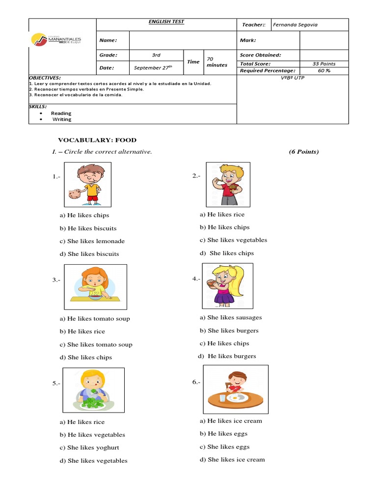 Prueba Tercero Básico Comida Lunch With Aliens Septiembre Pdf Food
