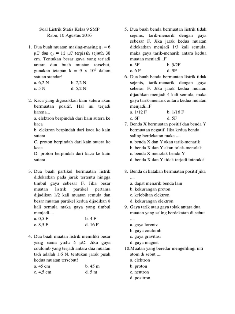 Soal Listrik Statis Kelas 9 Smp
