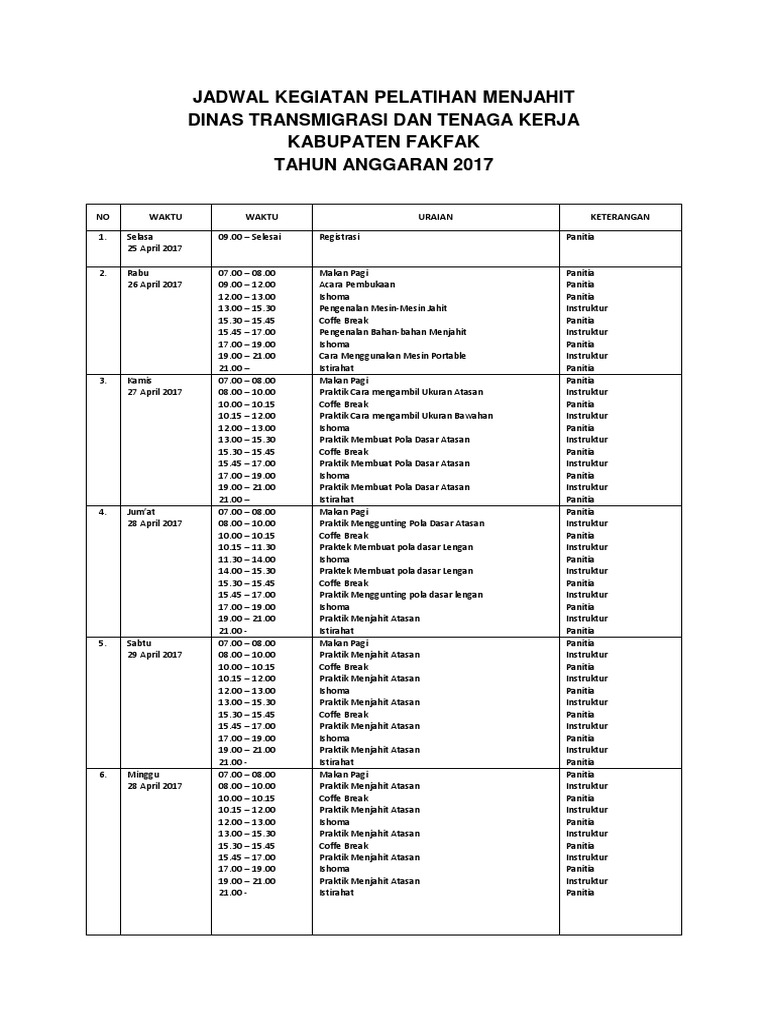 Jadwal Kegiatan Pelatihan Menjahit Tahun 2017
