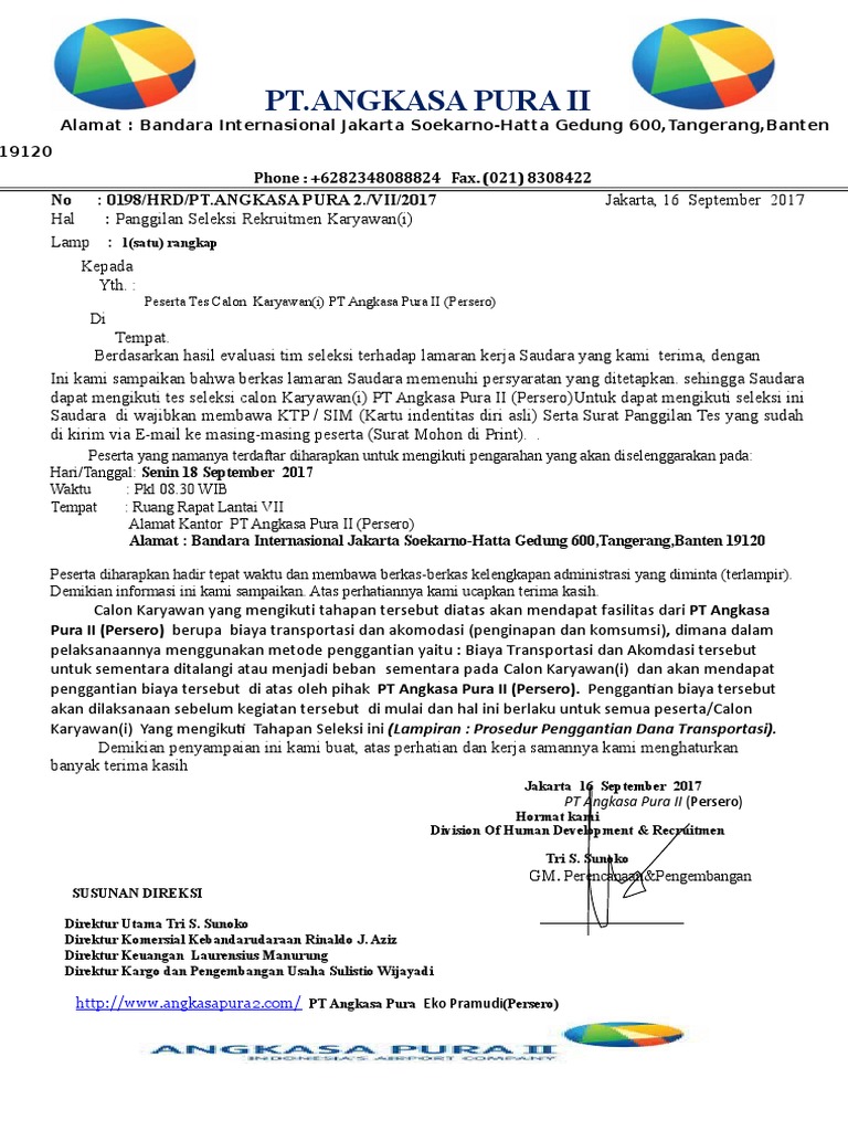 Surat Recruitment PT - Angkasa Pura II JKT | PDF