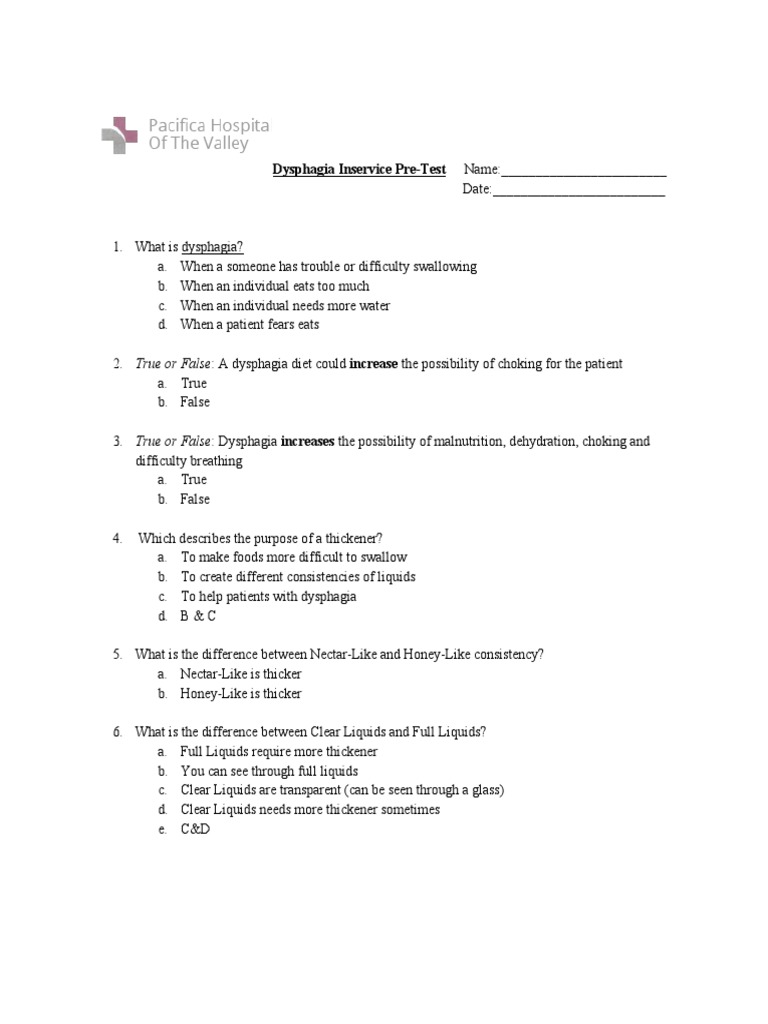 Dysphagia Inservice Quiz | PDF