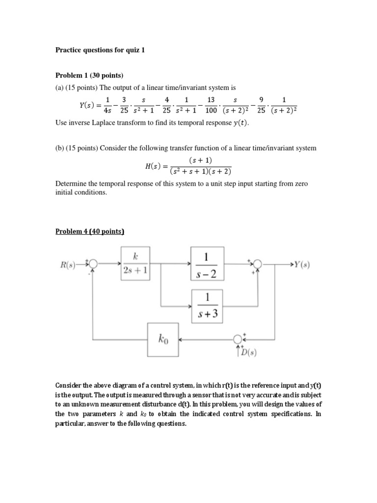Practice Questions For Quiz 1 | PDF | Control Theory | Mathematical ...