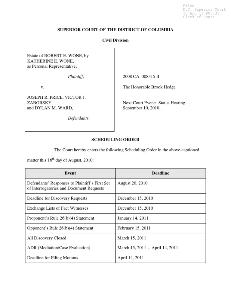 Wone Estate Case Scheduling Order | PDF | Discovery (Law) | United ...