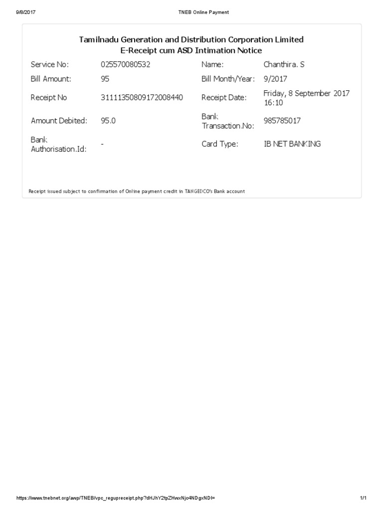 TNEB Online Payment Receipt - Sep 2017 | PDF