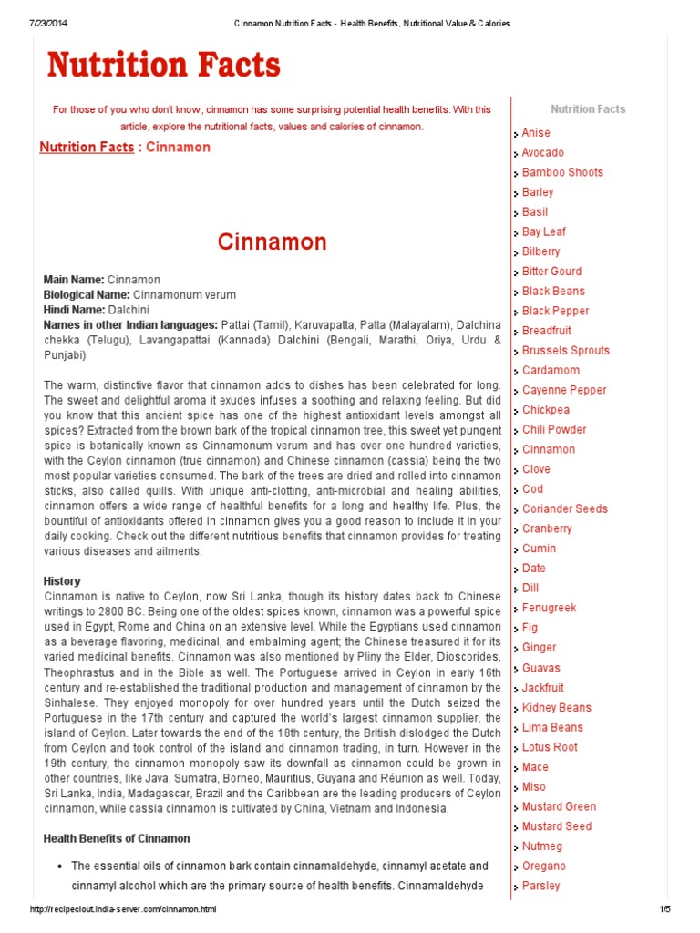 Cinnamon Nutrition Facts Health Benefits, Nutritional Value & Calories Cinnamon Spice