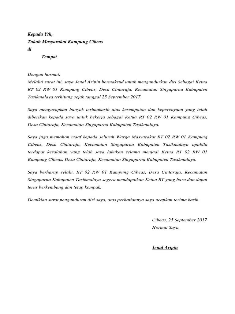 Surat Pengunduran Diri Rt Pdf