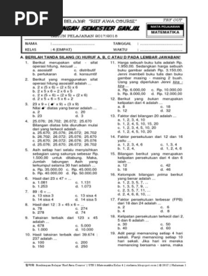              Kisi Kisi Soal Pkn Sd Kelas  Soal Uas Matematika Kelas 4 Semester 1 Kurikulum 2013 Revisi 2018