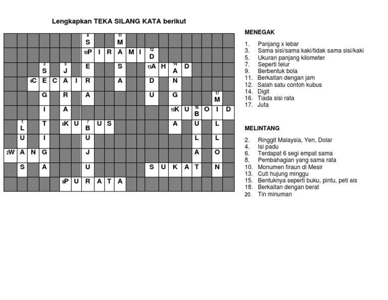 Teka Silang Kata Matematik Jawapan Pdf