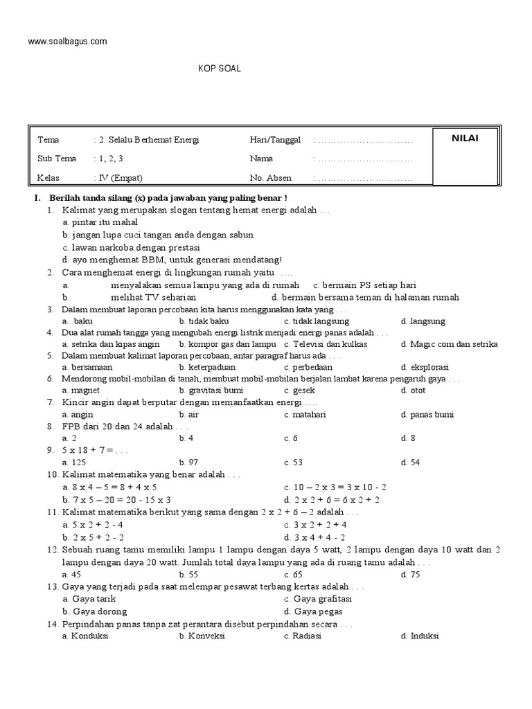 Soal Uts Tematik Kelas 4 Tema 2 Semester 1 K 13 Pdf