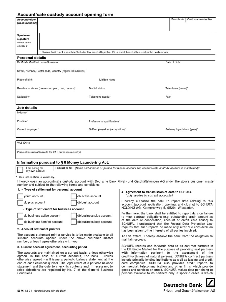 Account/safe Custody Account Opening Form Personal Details PDF Credit (Finance) Deposit