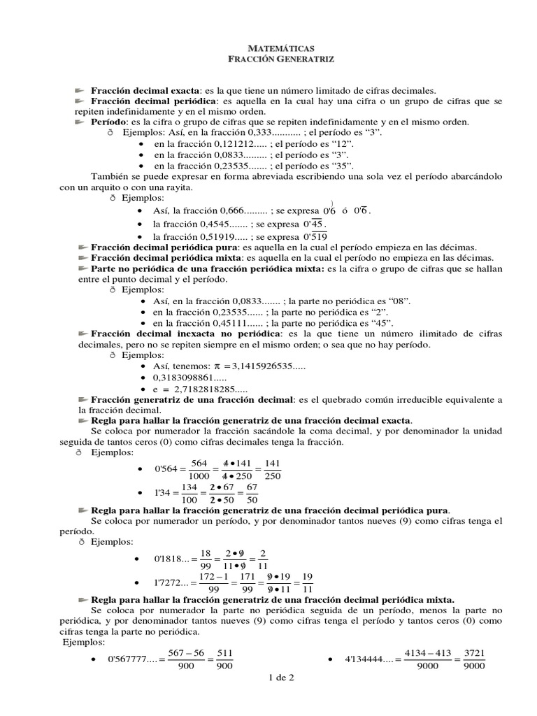 Fracciones Decimales: Tipos y Generatrices | PDF | Fracción ...