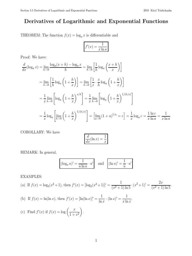 Derivatives of Logarithmic and Exponential Functions | PDF | Logarithm ...