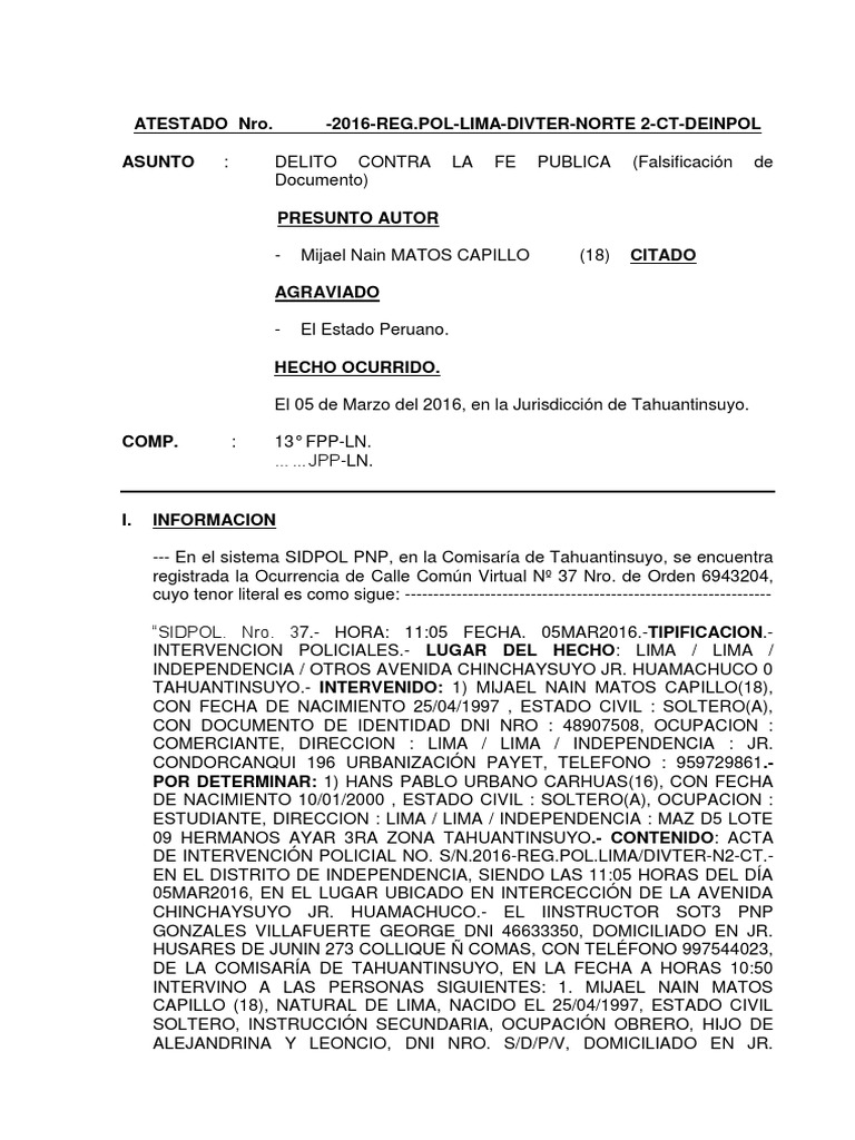 Atestado Fe Publica Falsificacion de Documento Cartagena Ludeña ...