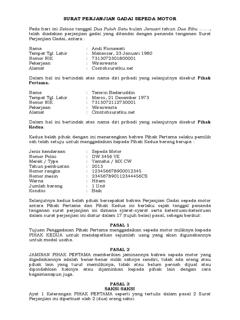 Contoh Surat Perjanjian Nanam Modal Kumpulan Surat