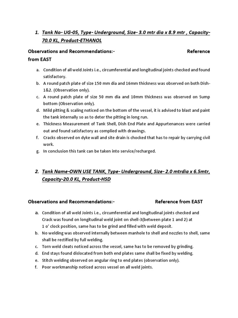 Tank Inspection Report | PDF | Welding | Construction