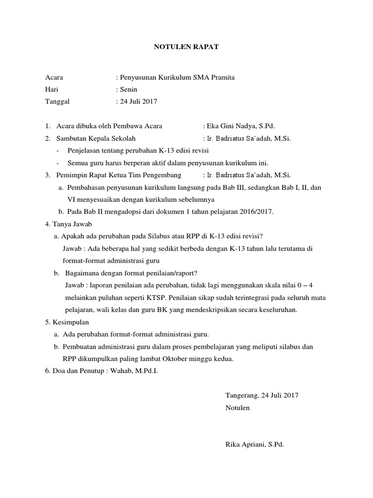 Notulen Rapat Penyusunan Kurikulum | PDF