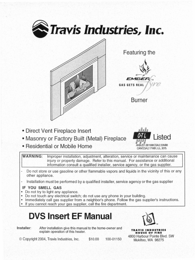 Travis Industries Gas Fireplace Insert DVS EF Manual | PDF | Fireplace |  Chimney