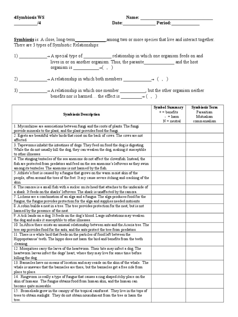 Symbiosis Worksheet Symbiosis Biological Interactions