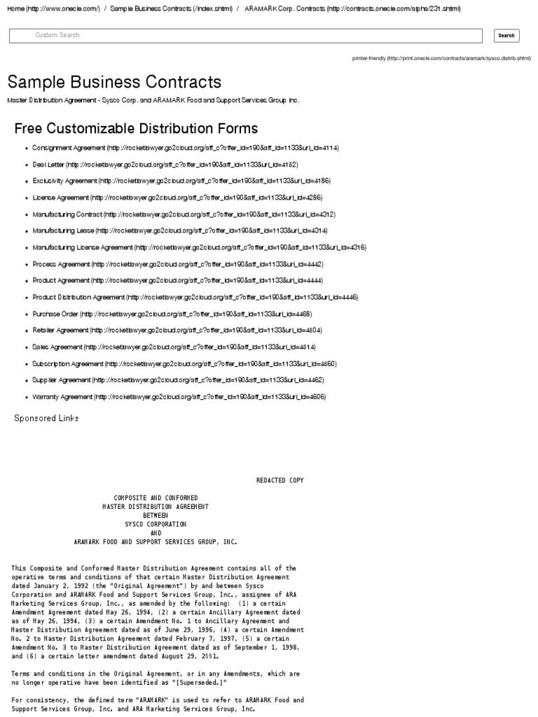 Master Distribution Agreement Sysco Corp. and ARAMARK Food and