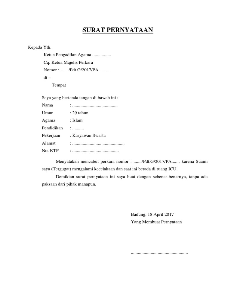 Contoh Surat Pernyataan Pencabutan Perkara Docx