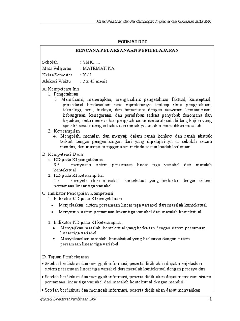 RPP Matematika SMK Kelas X Bab SPLTV PDF