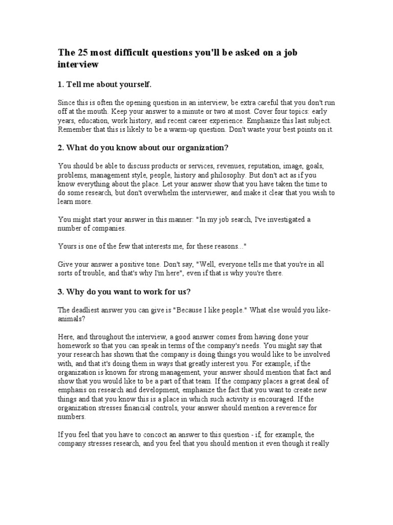 Top 25 Tough Job Interview Questions | PDF | Question | Reason