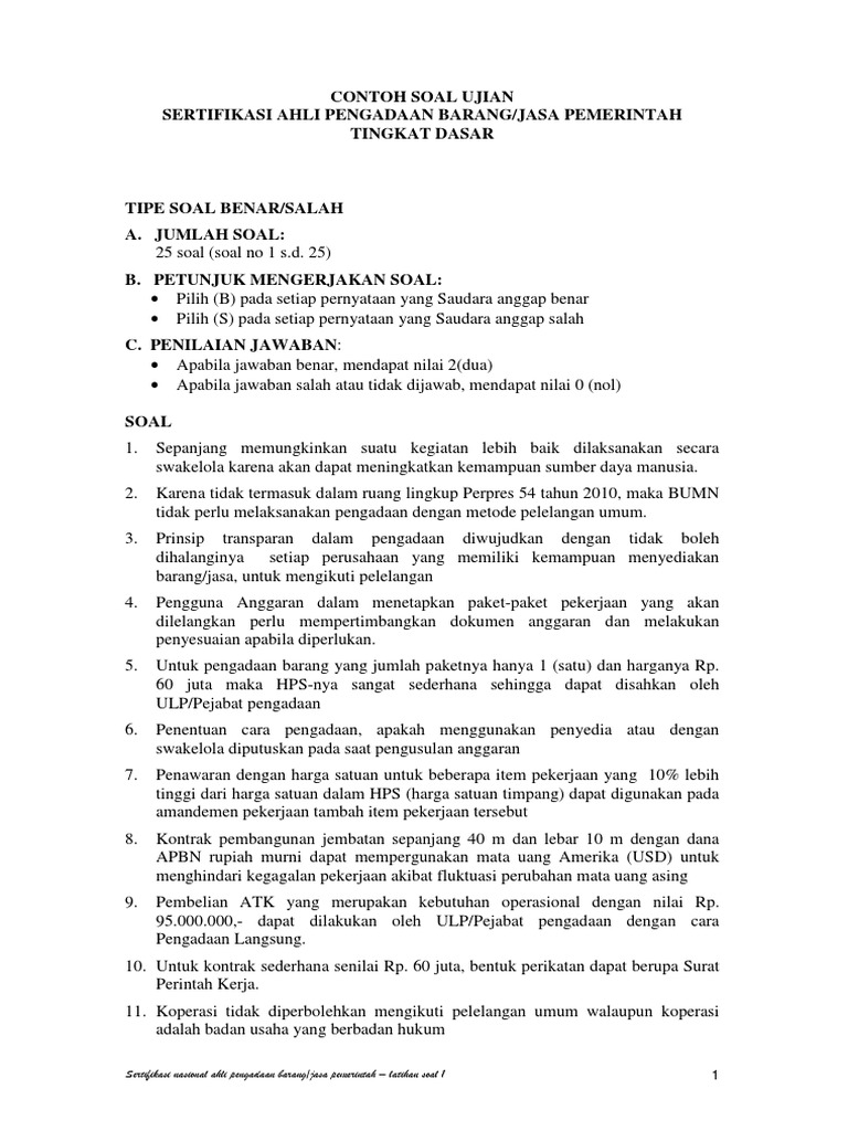 Contoh Soal Sertifikasi Pengadaan Barang Dan Jasa Contoh
