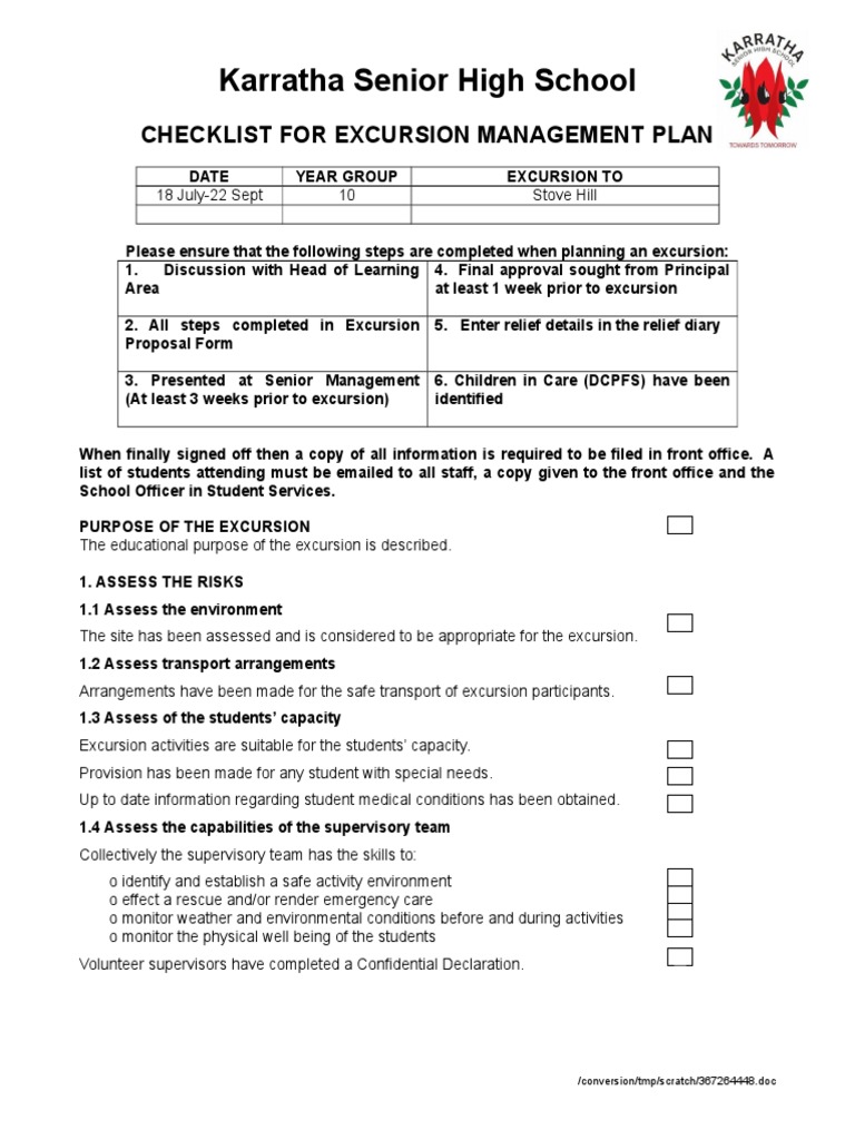Karratha High School Excursion Checklist | PDF | Consent | Wellness