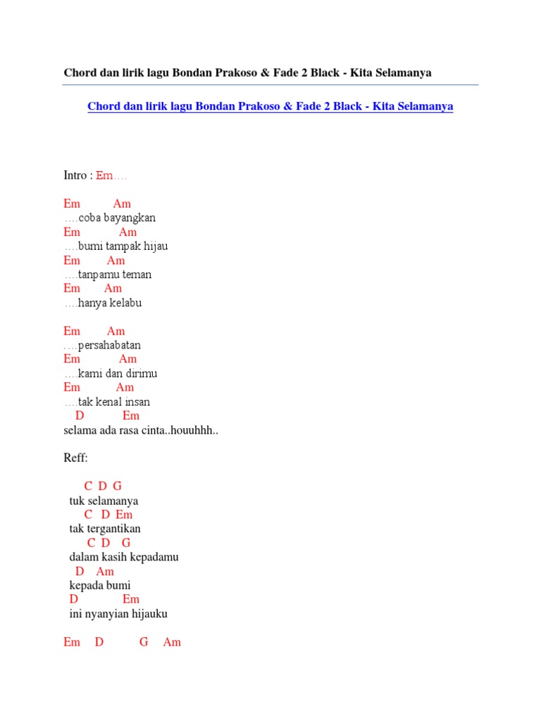 Chord Dan Lirik Lagu Bondan Prakoso Fade 2 Black Kita Selamanya Pdf