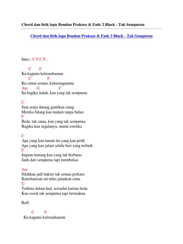 Chord Dan Lirik Lagu Bondan Prakoso Fade 2 Black Tak Sempurna