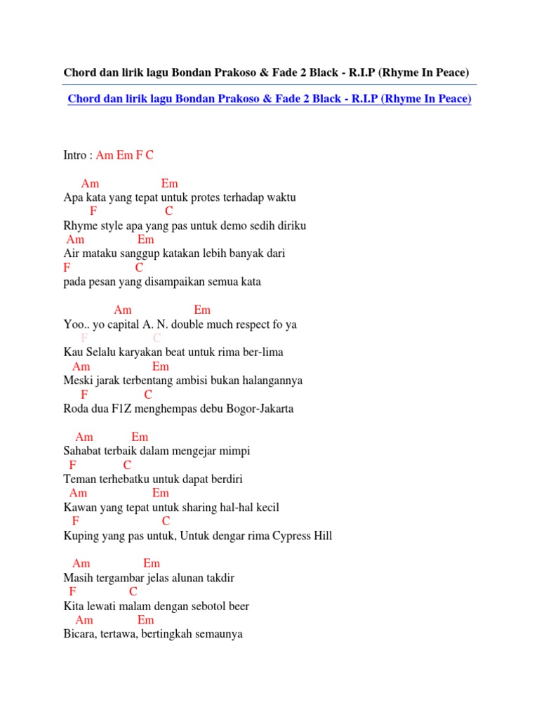 Chord Dan Lirik Lagu Bondan Prakoso Fade 2 Black R I P Rhyme In Peace