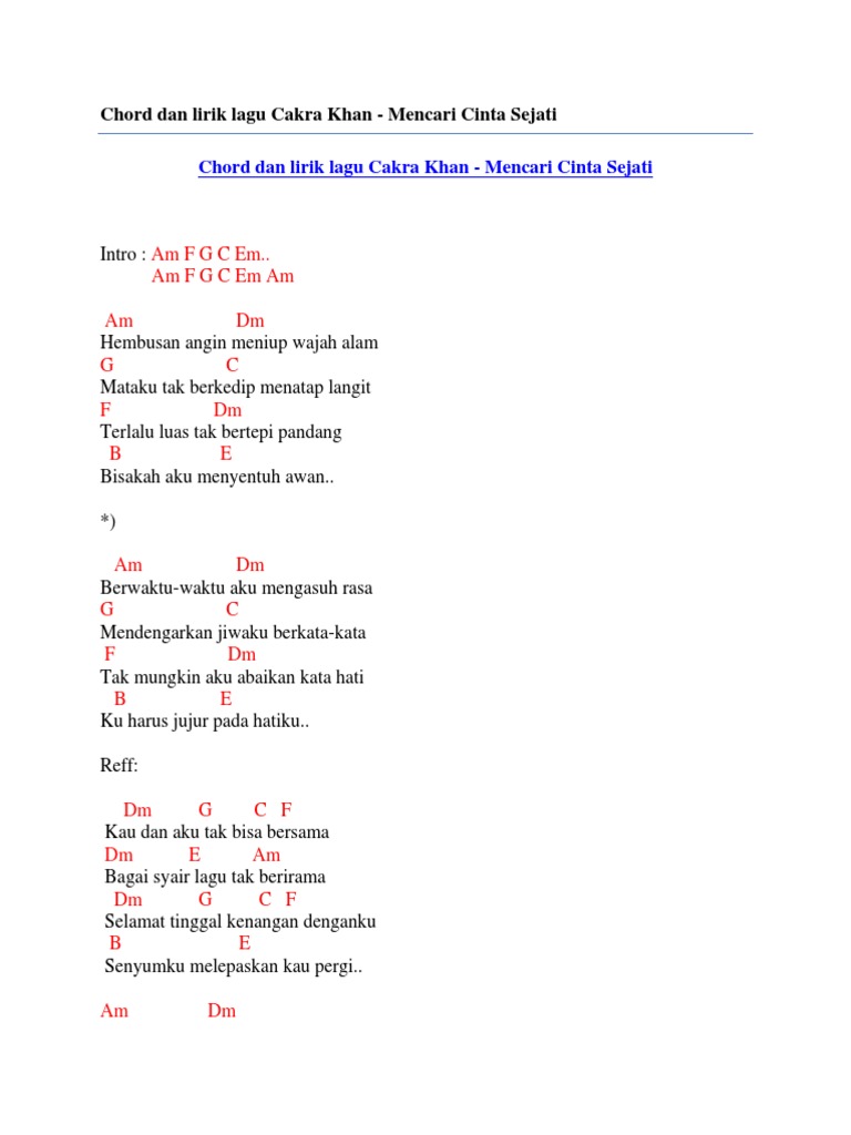Chord Dan Lirik Lagu Cakra Khan Mencari Cinta Sejati Pdf