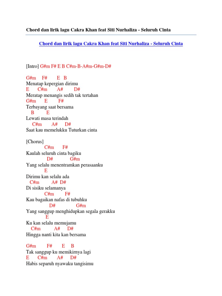 Chord Dan Lirik Lagu Cakra Khan Feat Siti Nurhaliza Seluruh Cinta PDF