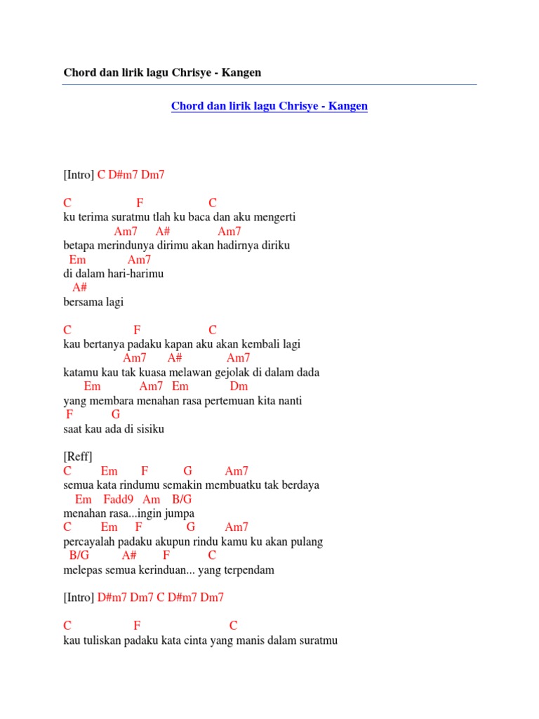 Chord Dan Lirik Lagu Chrisye Kangen