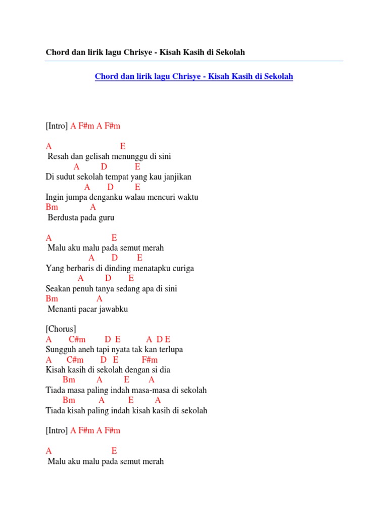 Chord Dan Lirik Lagu Chrisye Kisah Kasih Di Sekolah PDF