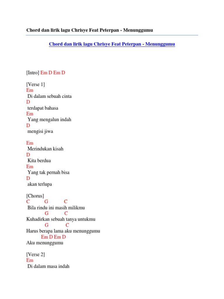 Lirik Lagu Peterpan Menunggumu Chord Gitar