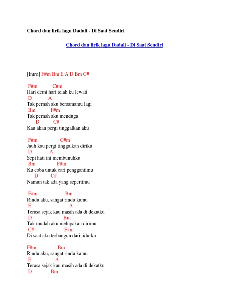Chord Dan Lirik Lagu Dadali Di Saat Sendiri Pdf
