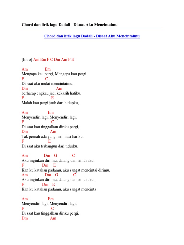 Chord Dan Lirik Lagu Dadali Disaat Aku Mencintaimu