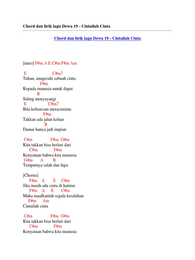 Chord Dan Lirik Lagu Dewa 19 - Cintailah Cinta | PDF