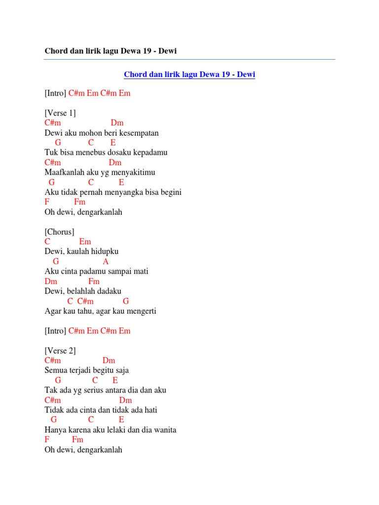 Chord Dan Lirik Lagu Dewa 19 Dewi