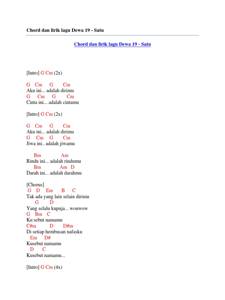 Chord Dan Lirik Lagu Dewa 19 Satu Pdf