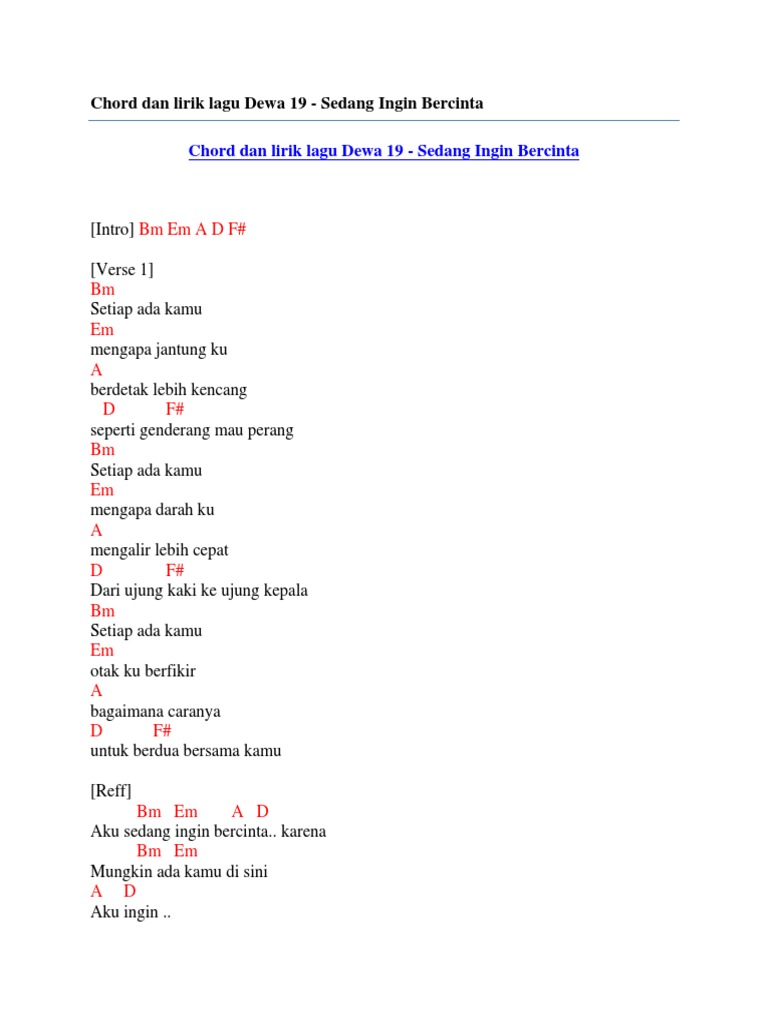Chord Dan Lirik Lagu Dewa 19 Sedang Ingin Bercinta