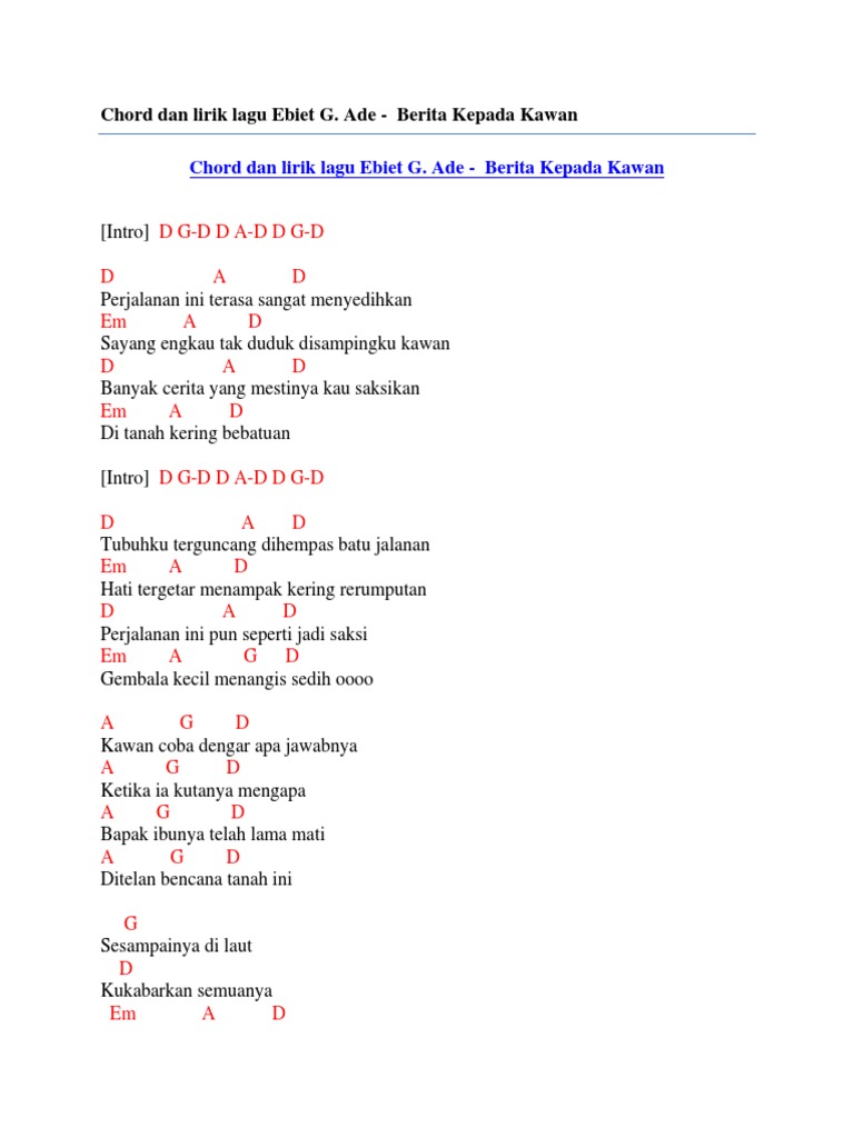 Chord Dan Lirik Lagu Ebiet G Ade Berita Kepada Kawan