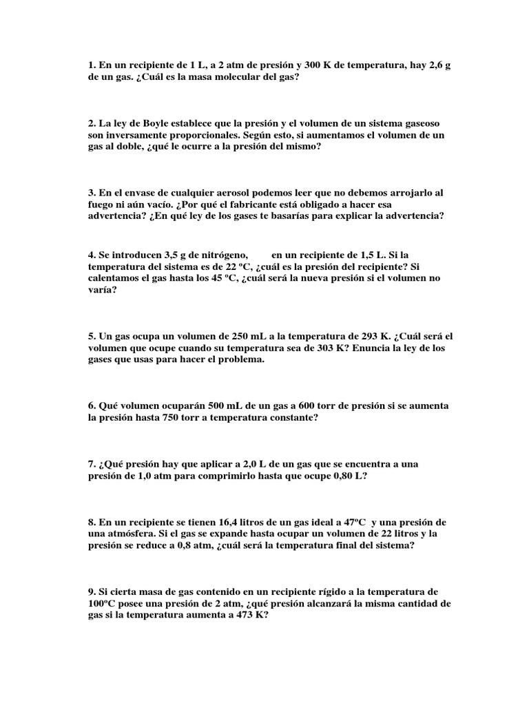 Hoja De Trabajo Práctica Sobre La Ley De Los Gases Ideales Ejercicios