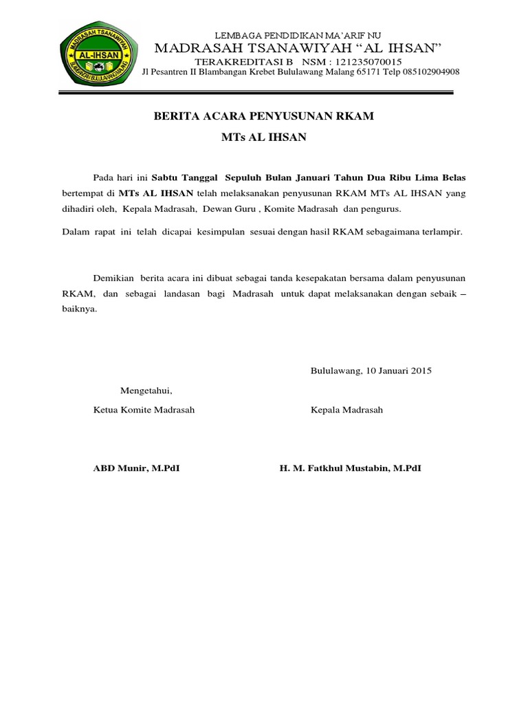 Berita Acara Penyusunan RKAM MTs Al Ihsan | PDF