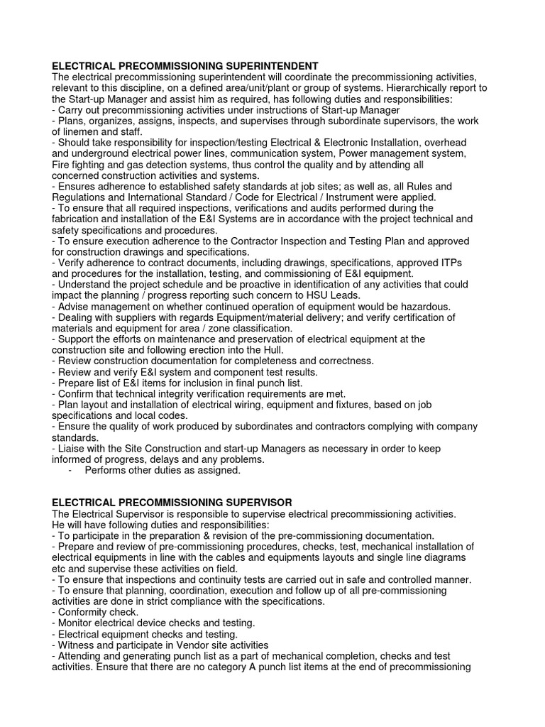 Job Descriptions Pre Commissioning Commissioning | PDF | Safety |  Specification (Technical Standard)